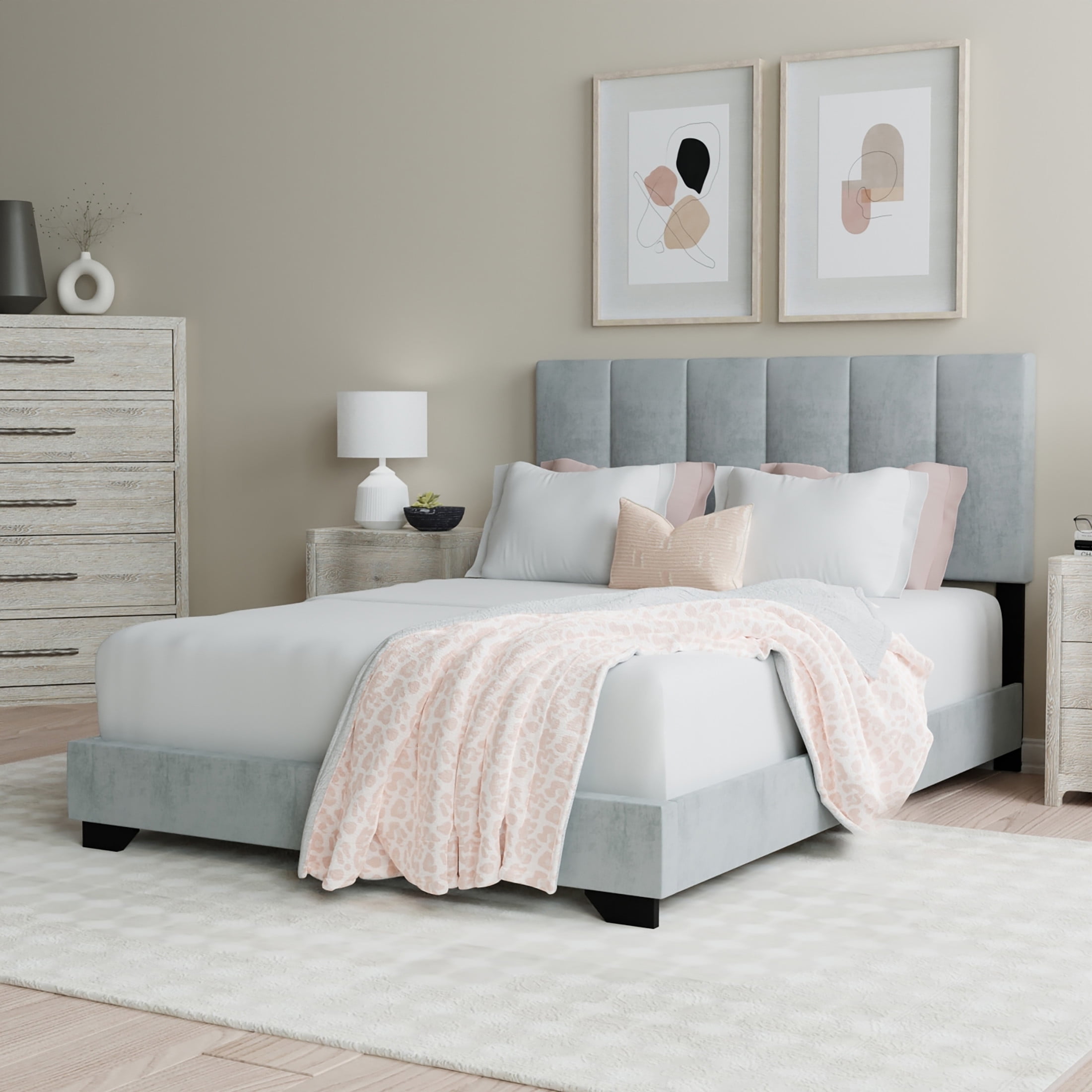 Reece Channel Stitched Upholstered Full Bed, Platinum, by Hillsdale Living Essentials