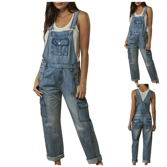 LOVZFMLL Women's Jumpsuit, Spring/Summer Casual Comfortable Multi-Pocket Denim Overalls Blue, 2XL