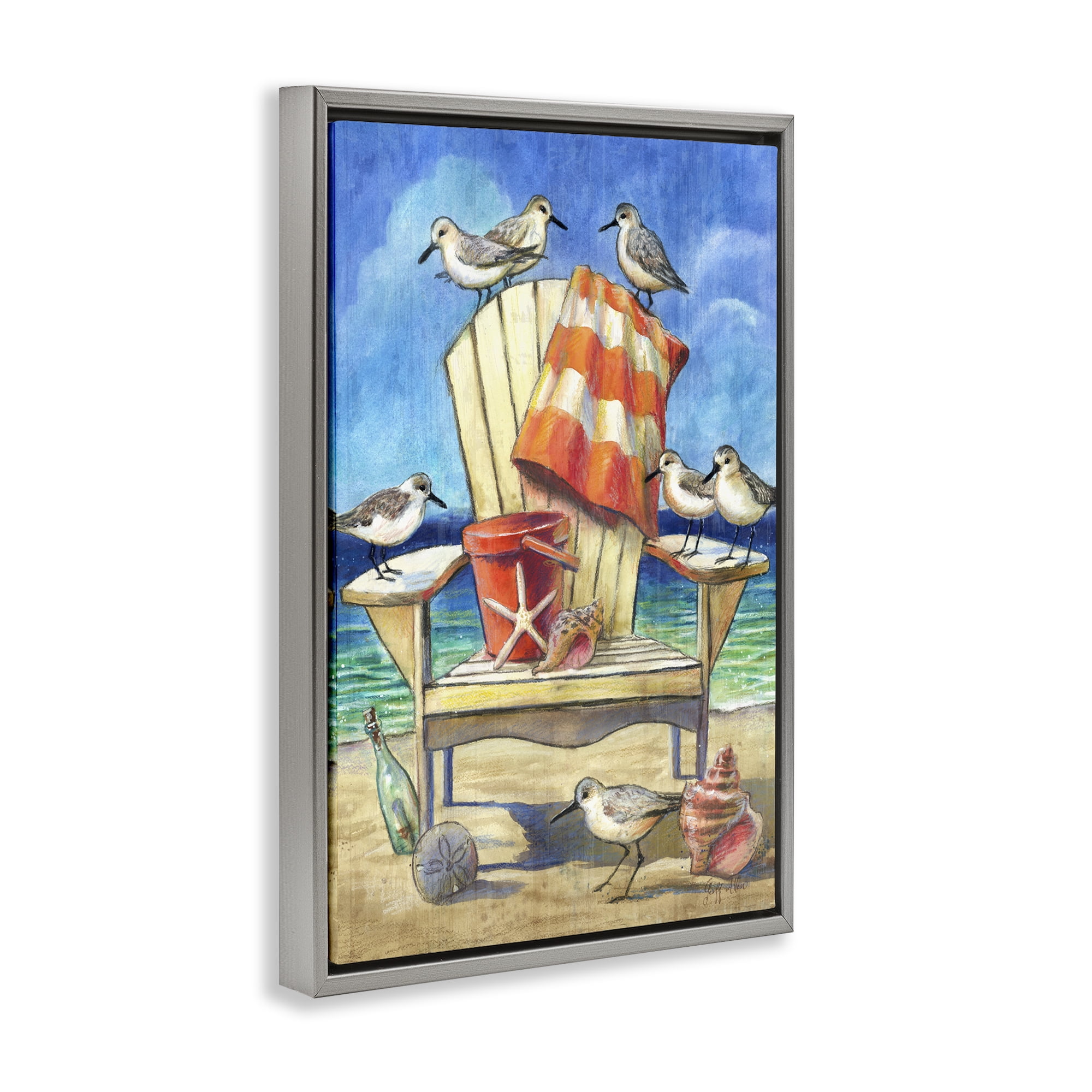 Stupell Industries Summer Beach Chair Seagulls Nautical & Beach Painting Gray Floater Framed Canvas Art Print Wall Art, 17 x 25