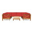thumbnail image 2 of Noble House Brava Wood 8 Seater U-Shaped Sectional Sofa Set in Teak/Red, 2 of 10