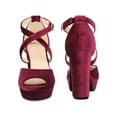 thumbnail image 2 of BLISSFUL STEP Peep Toe Platform Velvet Crisscross Strap Block Heel Sandals for Women Burgundy 7, 2 of 6