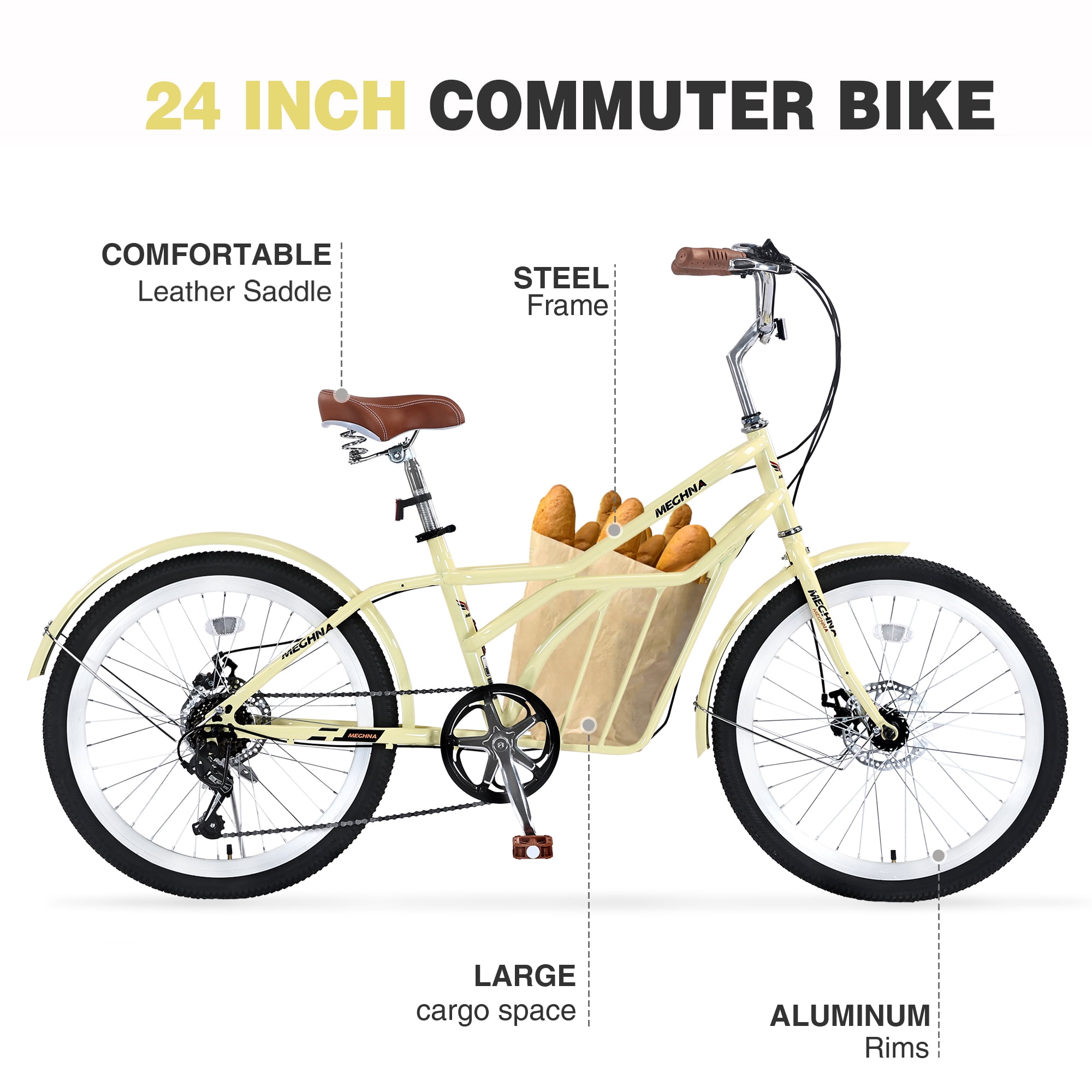 Aukfa 24" Cruiser Bike for Women Girls Ladies,Commuter Bike Shimano 6 Speed Bicycle Hybrid Bikes,Yellow