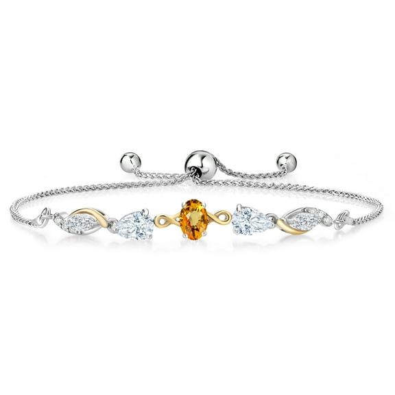 Gem Stone King 925 Silver and 10K Yellow Gold Yellow Sapphire and White Moissanite and Lab Grown Diamond Tennis Bracelet for Women By Keren Hanan (1.66 cttw, Adjustable up To 9 inch)