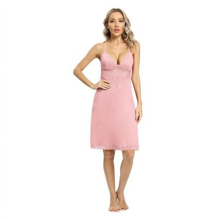 WBQ Womens Lingerie Lace Chemise Nightgown Full Slip Sleep Dress V Neck NightwearPink