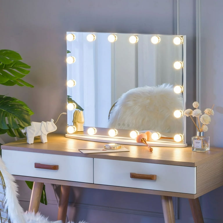Luxfurni Vanity Mirror with Lights Large Hollywood Makeup Mirror Tabletop Wall Mounted White
