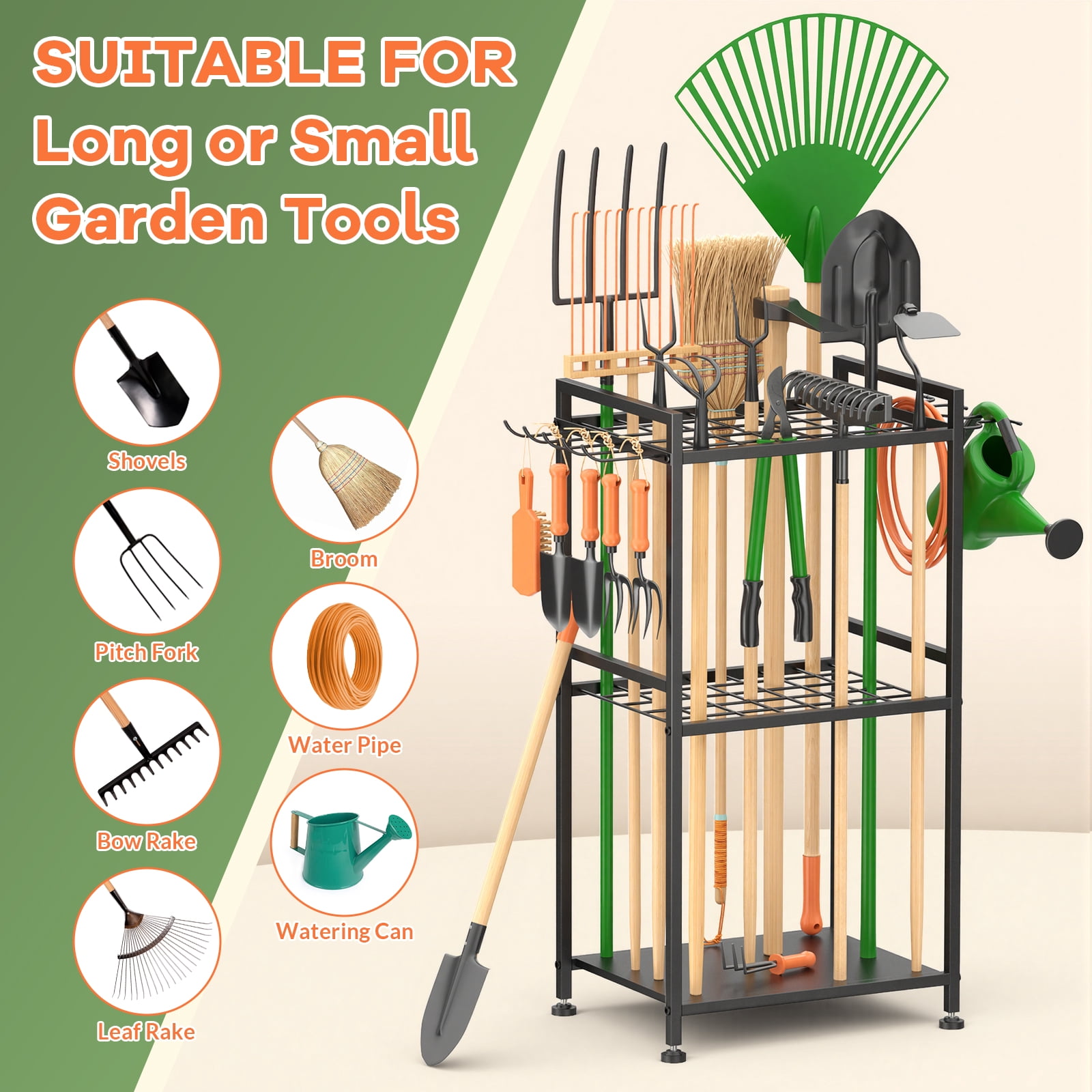 Garden Tool Organizer Rack with Hooks,Holds Up to 35 Long-Handled Tools, Rakes and Brooms, Metal Steel Stand for Shed or Outdoor Storage Backyard