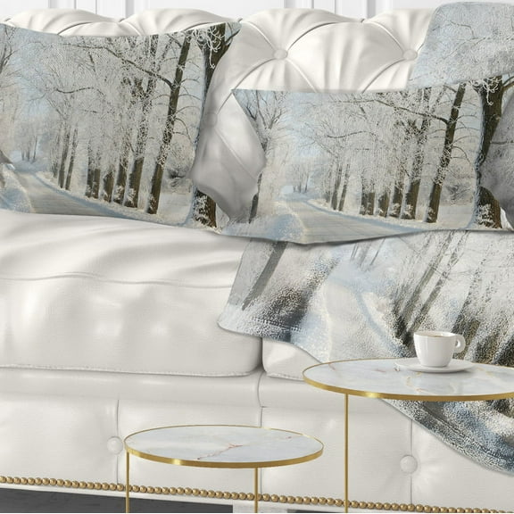 Designart Winter Road in Dense Foggy Forest - Forest Throw Pillow - 12x20