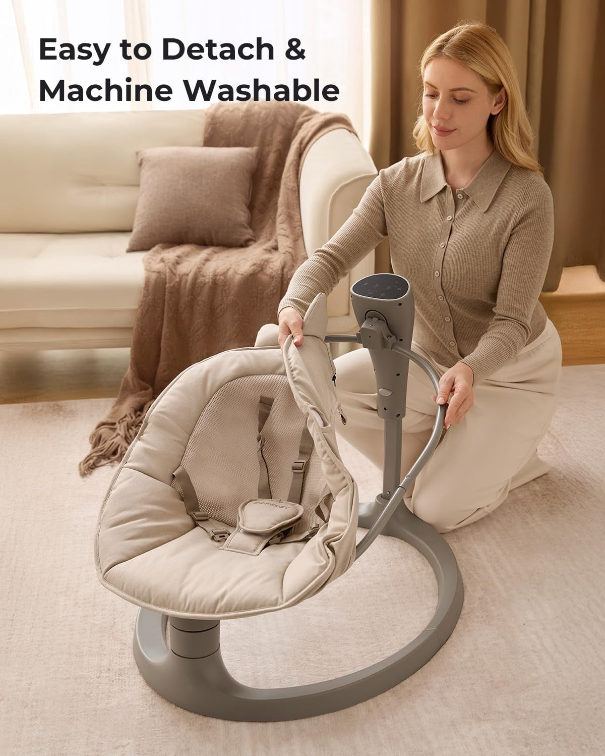 Momcozy 2-in-1 Electric Baby Swing, Dual-Arm Support System & Parent-Inspired Motions, Convertible to Toddler Seat up to 66 lbs, Adjustable Height, Lightweight