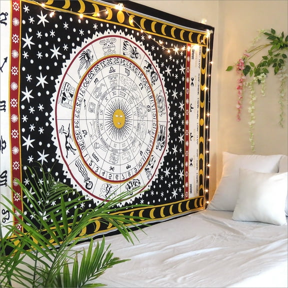Black and White Horoscope Tapestry Zodiac Wall Hanging Dorm Room Tapestries Twin Size Yoga Mat Meditation Throw Blanket Beach Throws by Oussum