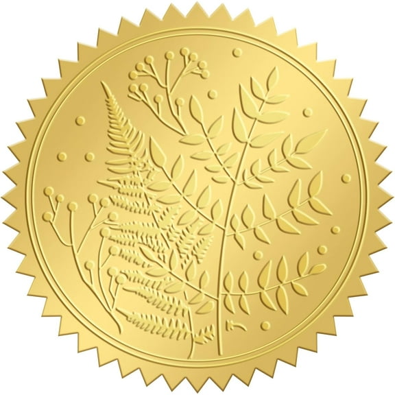 2" Gold Foil Sticker Fern Leaf 100pcs Certificate Seals Gold Embossed Round Embossed Foil Seal Stickers for Envelopes Invitation Card Diplomas Awards Graduation Celebration