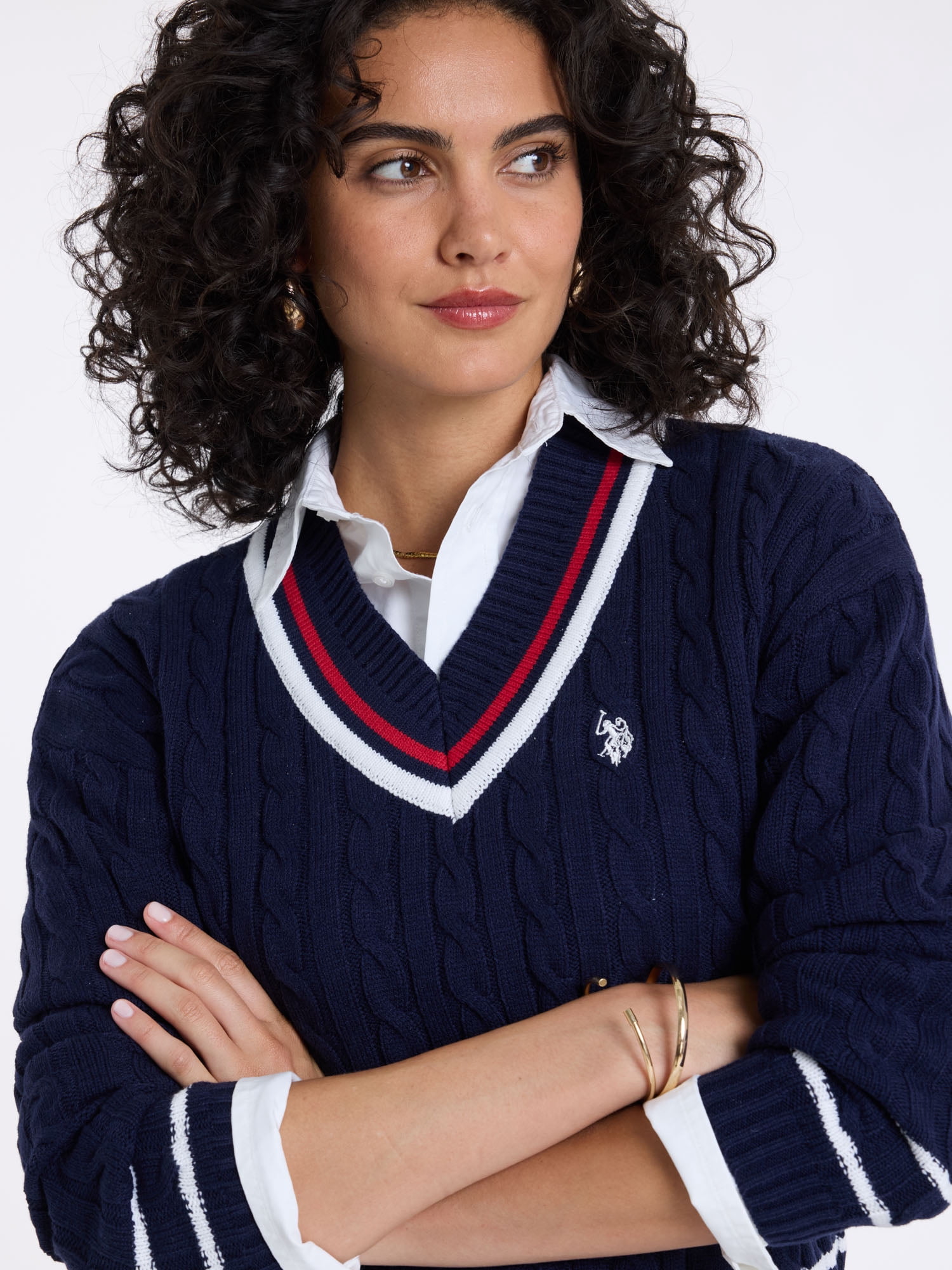U.S. Polo Assn. Women's Varsity V-Neck Cable Sweater