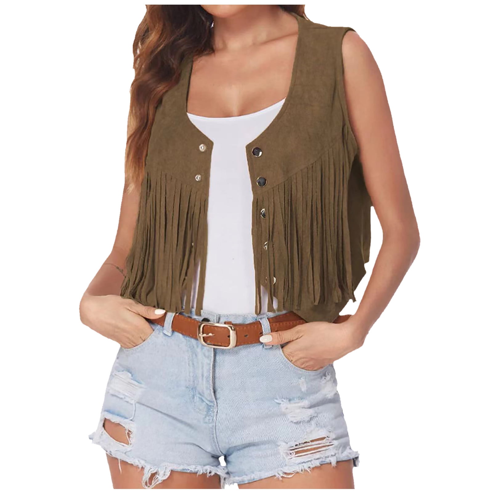 RQYYD Fringe Vest for Women Suede Faux Tassels Vest 70s Ethnic Winter