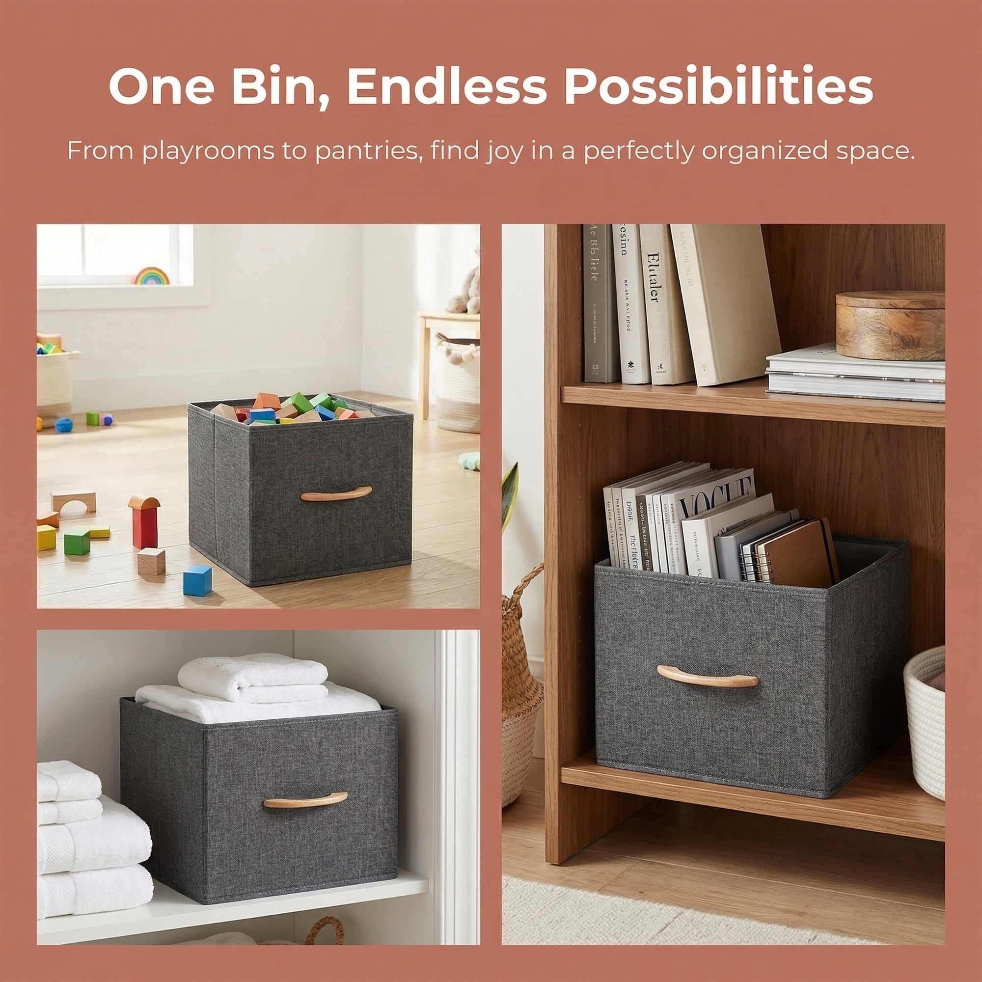 Unique Bargains 3pcs Storage Cube Fabric Storage Bin with Handles Grey 15.4*11.8*11.8in
