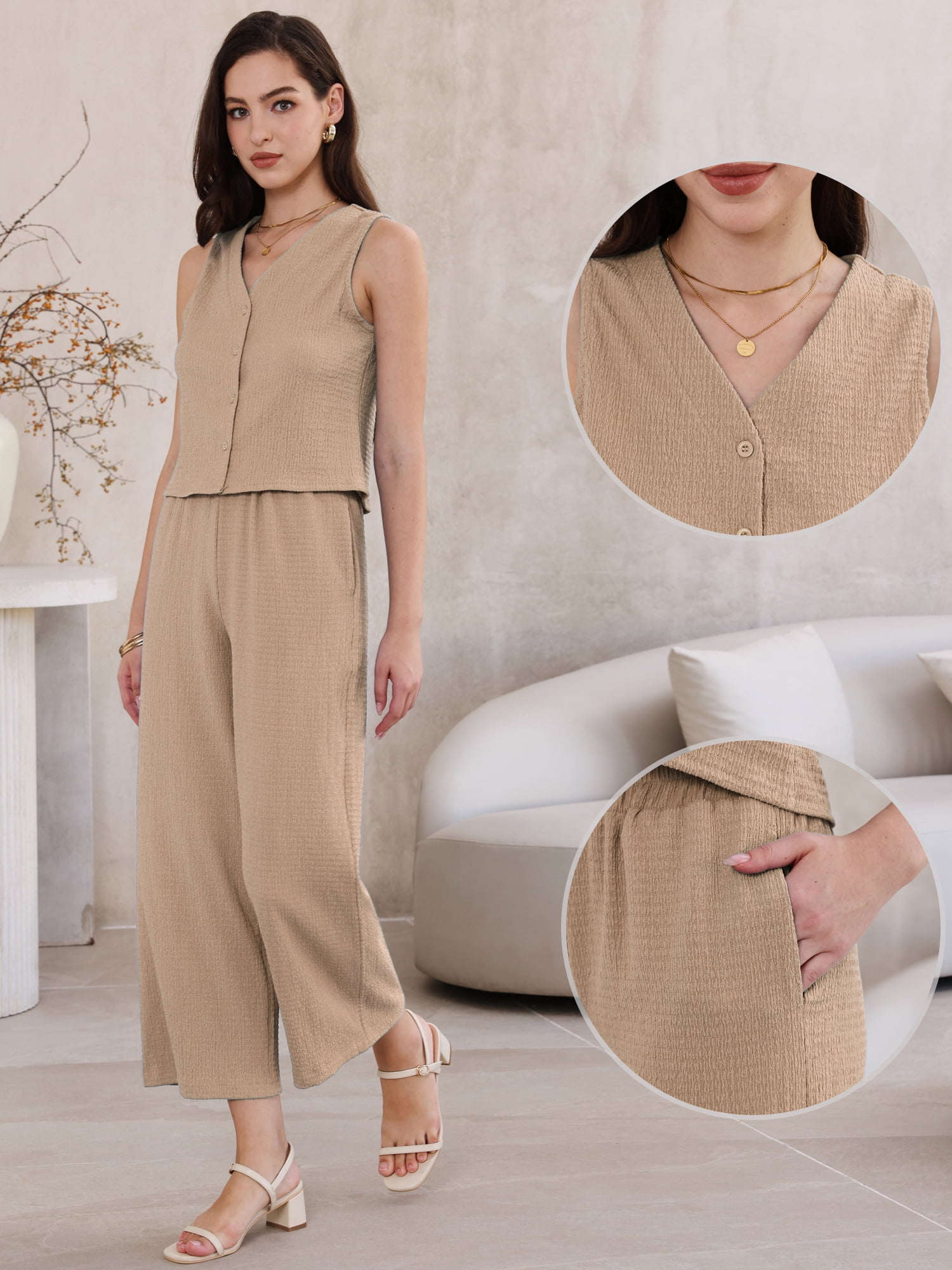 DARING DIVA Women's 2 Piece Sets extured Casual Lounge Pants Suit Matching Set XS Brown