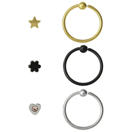 Body Jewelry Women's Stainless Steel 316L 20G Nose and Hoop Set, 6 Pack