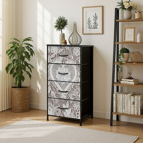 4 Drawer Vertical Storage Dresser Lace with Wood Top Fabric Pull Drawers