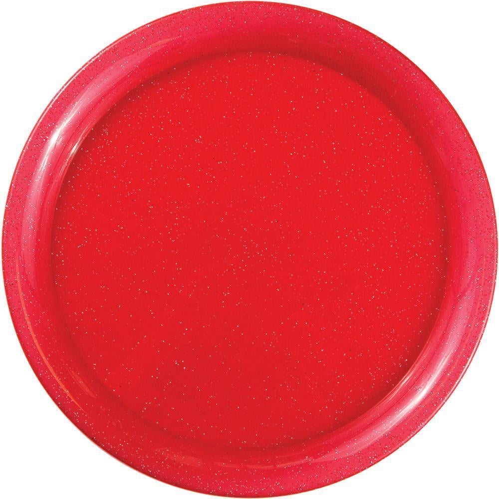RED GLITTER 12 INCH ROUND PLASTIC TRAY
