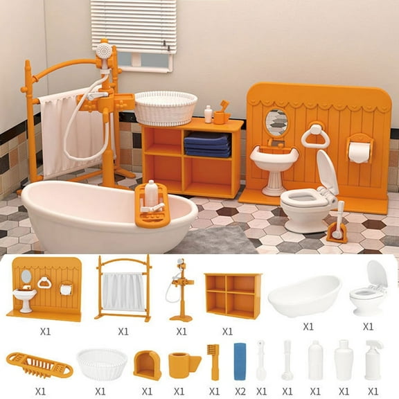 Dollhouse Furniture Bathroom Set, Mini Accessories, Toys with Bathtub,Washbasin, for Kids, Toddlers, Boys, Girls