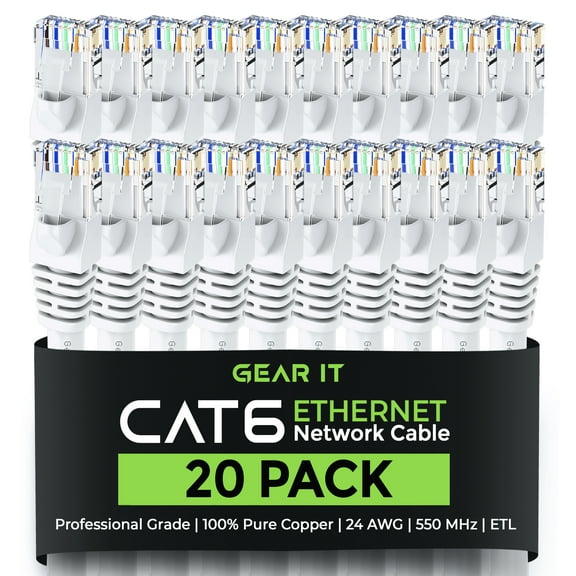 GearIT Cat 6 Ethernet Cable 5 ft (20-Pack) - Cat6 Patch Cable, Cat 6 Patch Cable, Cat6 Cable, Cat 6 Cable, Cat6 Ethernet Cable, Network Cable, Internet Cable - White 5 Feet