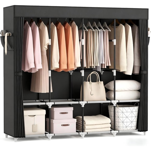 VTRIN - clóset portátil para colgar ropa de 67 pulgadas de ancho, gran capacidad, portátil, con cubierta, 4 estantes de almacenamiento y 4 barras colgantes, clóset resistente para recámara, color