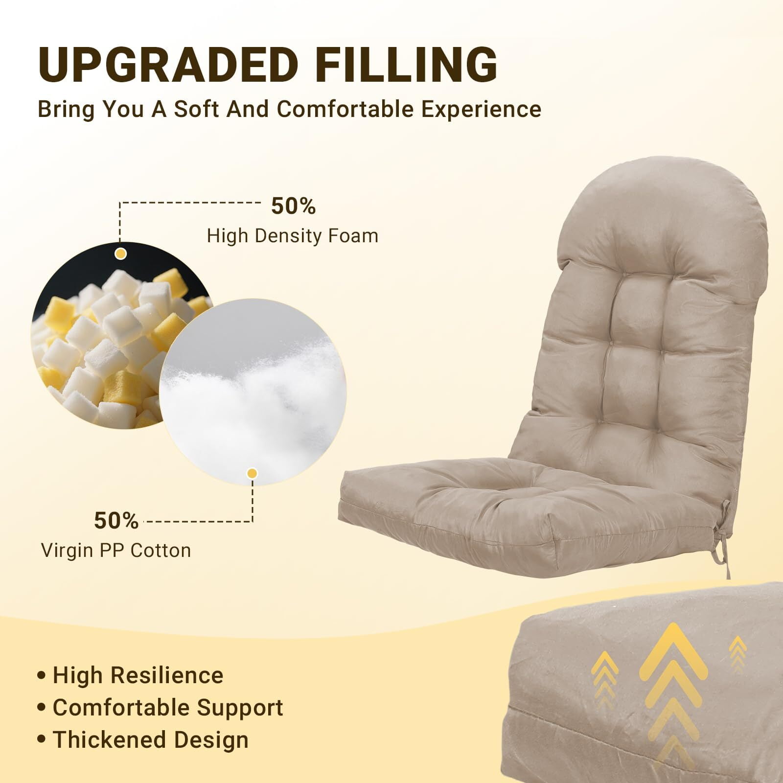 Outdoor High Back Chair Cushion Upgraded Thickened Water-Repellent & Fade-Resistan Patio Chair Cushions For Outdoor Furniture, 44" x20" x4" 1PC Khiki