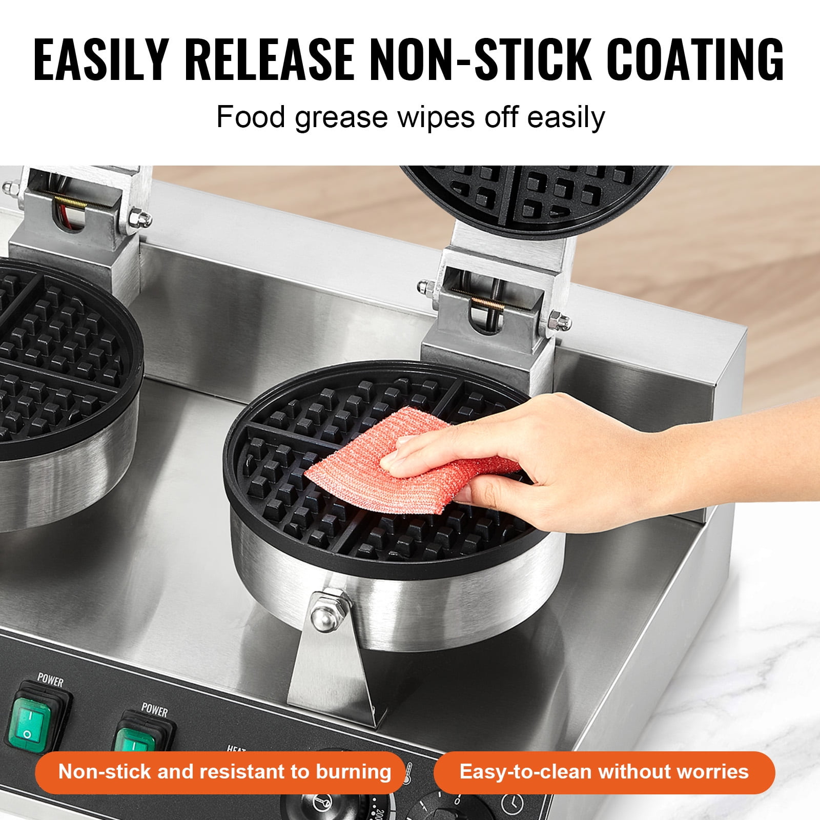 KFFKFF Double Head Commercial Waffle Maker, Round Belgian Waffle Cooking Device, 2460W, Non-Stick, with Temperature and Timer Settings, Ideal for Cafes, Bakeries, Snack Shops, and Home Use