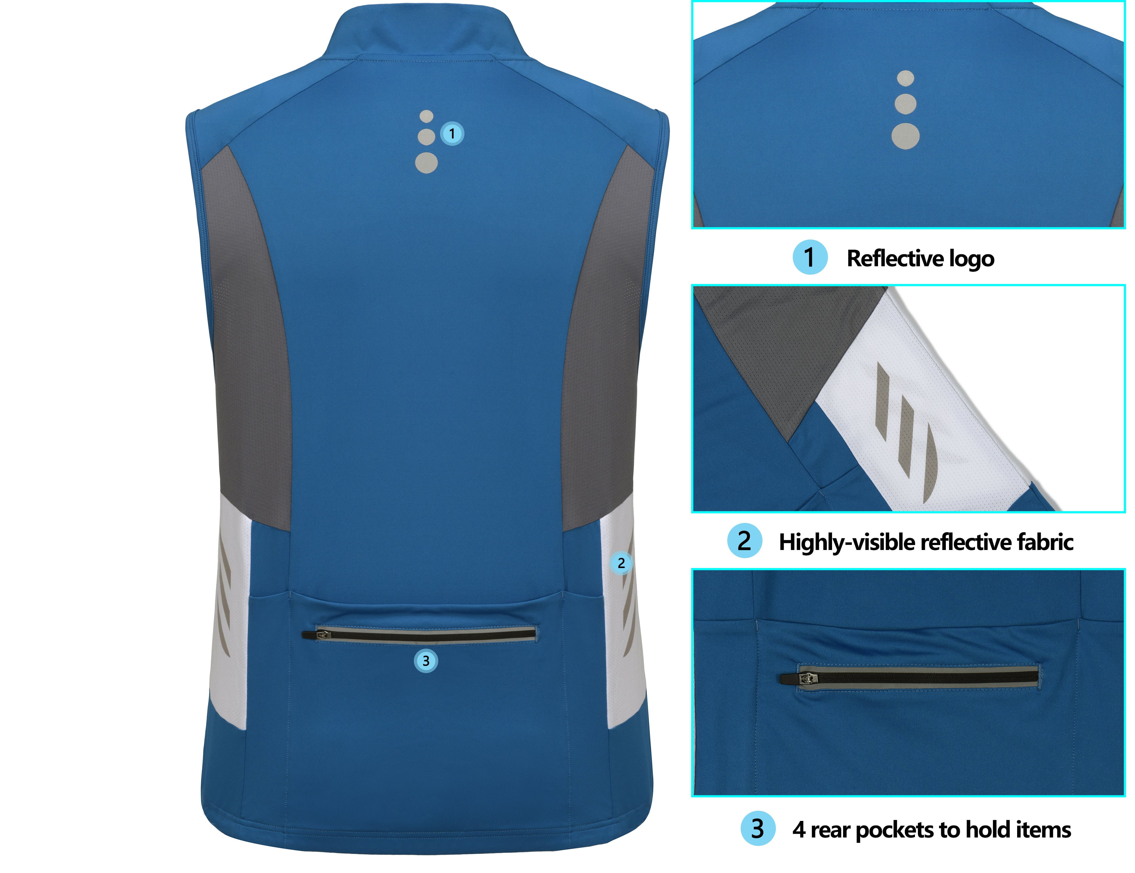 Little Donkey Andy Men's Breathable Cycling Vests Reflective Sleeveless Jackets for Running Golf with 4 Rear Pockets, Deep Blue S