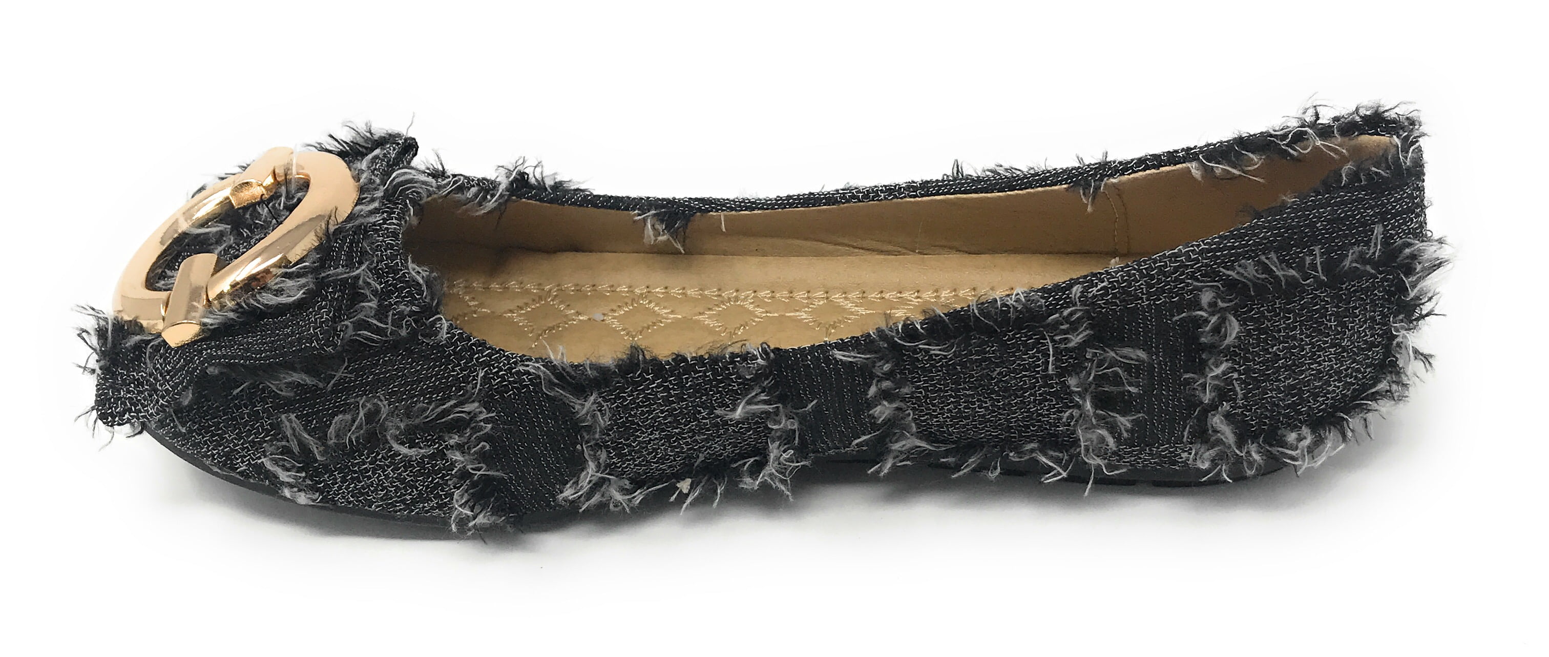 Victoria K Women's Round Buckle Patched Denim Ballerina Flats