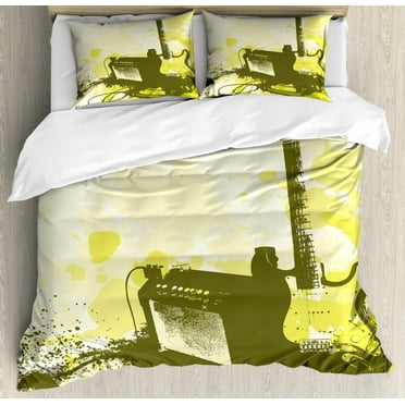 Guitar Duvet Cover Set King Size, Entertaining Composition with an Amphi Designed with Paintbrush Spots, Decorative 3 Piece Bedding Set with 2 Pillow Shams, Green Brown Pastel Yellow, by Ambesonne