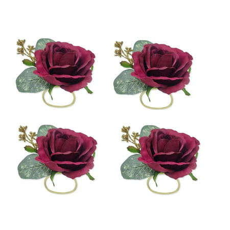 Martha Stewart Collection 290541 Greenery Roses and Gold Trim Napkin Rings, Set of 4