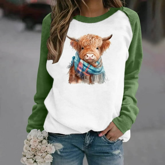 Fznquz Winter Fall Sweatshirts Women Green Cute Casual Sweatshirt Crewneck Funny Animal Print Long Sleeve Fall Outfits