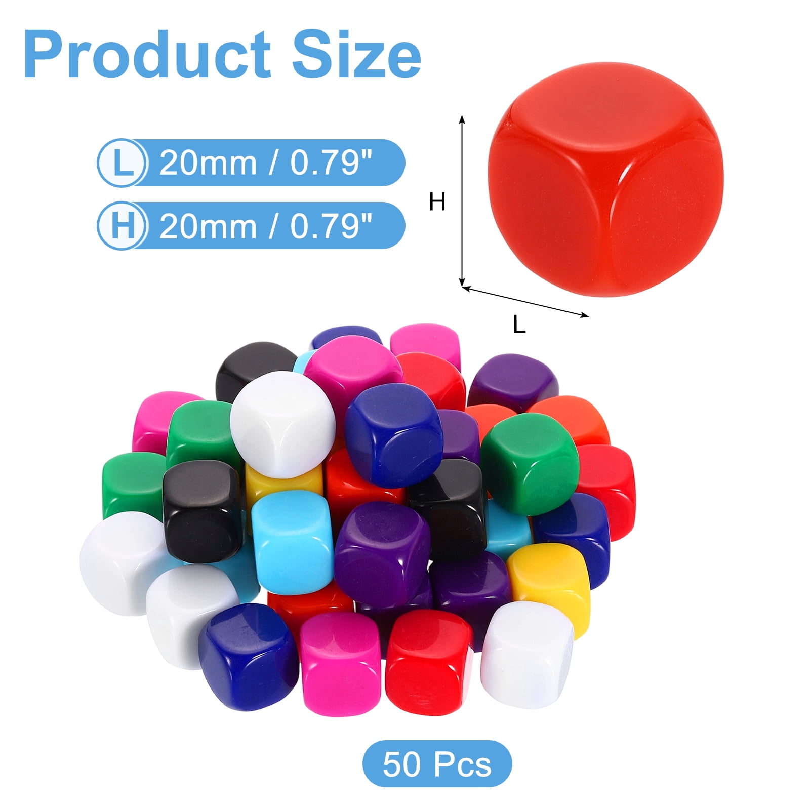 50Pack Rounded Blank Six Sided Dice 20mm/0.8inch Acrylic Dice, 10 Colors