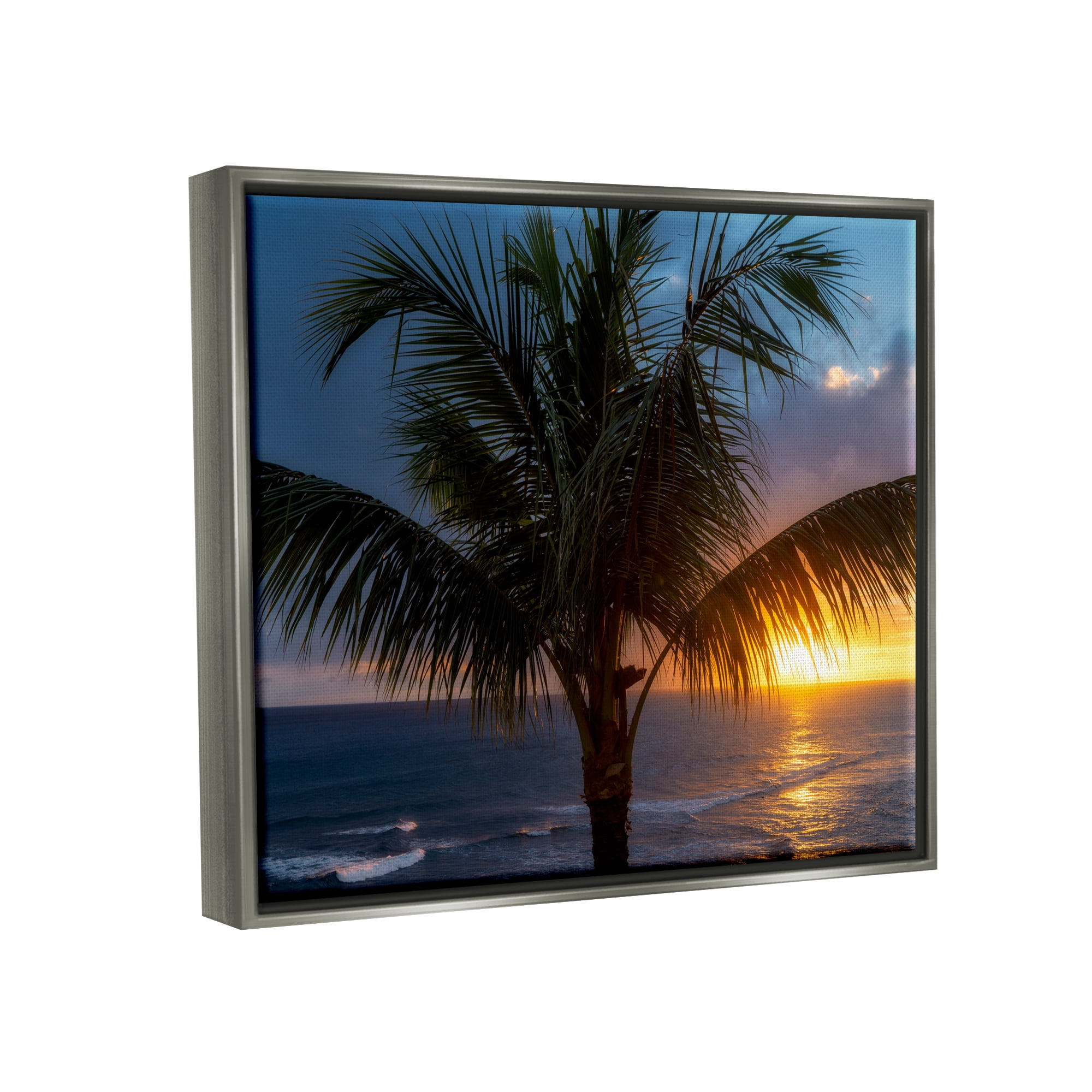 Stupell Industries Tropical Palm Sunset Nature Photography Gray Floater Framed Art Print Wall Art, 21 x 17