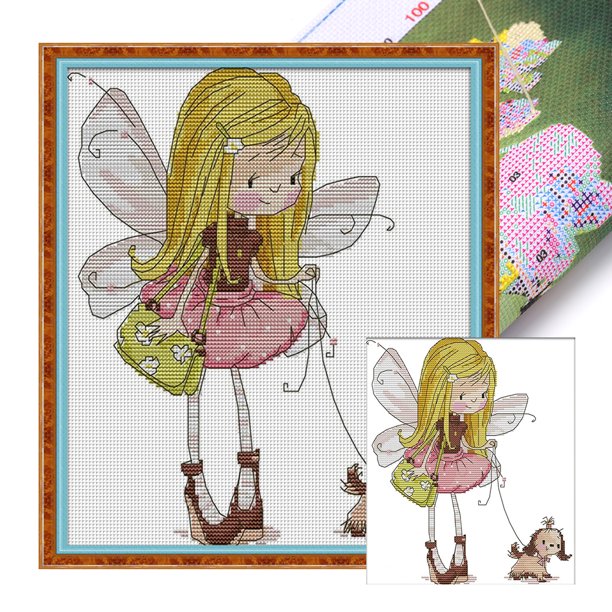 Hilo Algodón Ecológico Bordado Parcial Punto Cruz Perro Niña 14CT 28x30cm