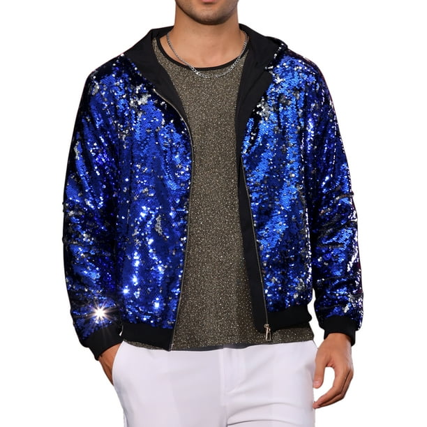 Chaqueta de lentejuelas INSPIRE CHIC para hombres, con mangas largas, cierre de cremallera, chaqueta con lentejuelas reversibles, sudadera metálica azul