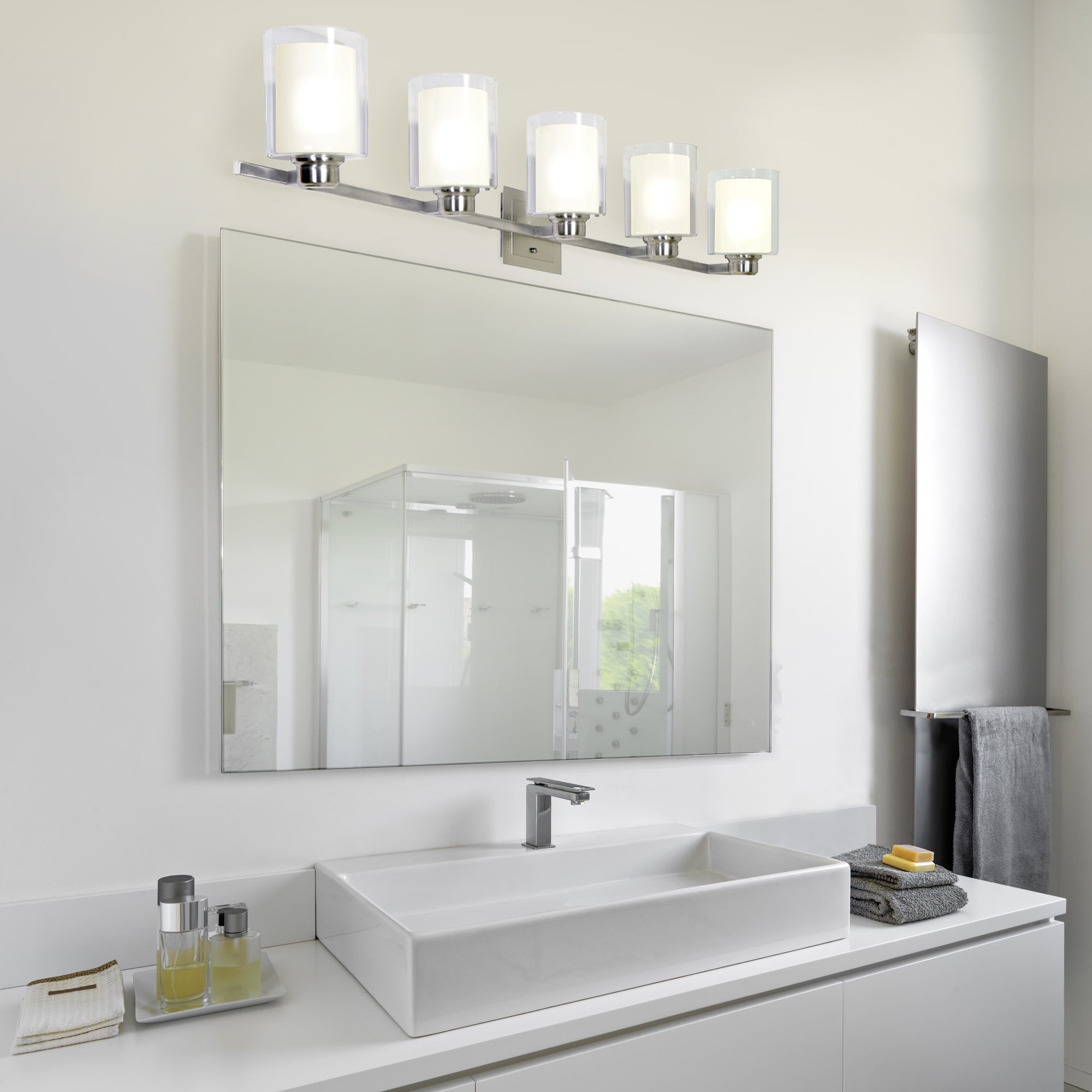 Design House Oslo Traditional 5-Light Indoor Dimmable Bathroom Vanity Light with Double Glass Shades, Satin Nickel