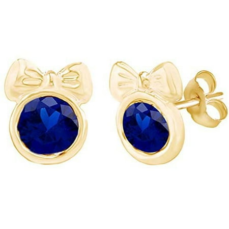 14k Gold Minnie Mouse Round Shape Simulated Blue Sapphire Minnie Mouse Bow Stud Earrings 14K Yellow Gold Over Sterling Silver ()