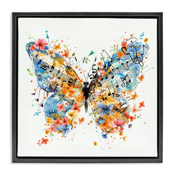 Stupell Industries Song Notes Butterfly Insects Painting Black Floater Framed Canvas Art Print Wall Art, 18 x 18