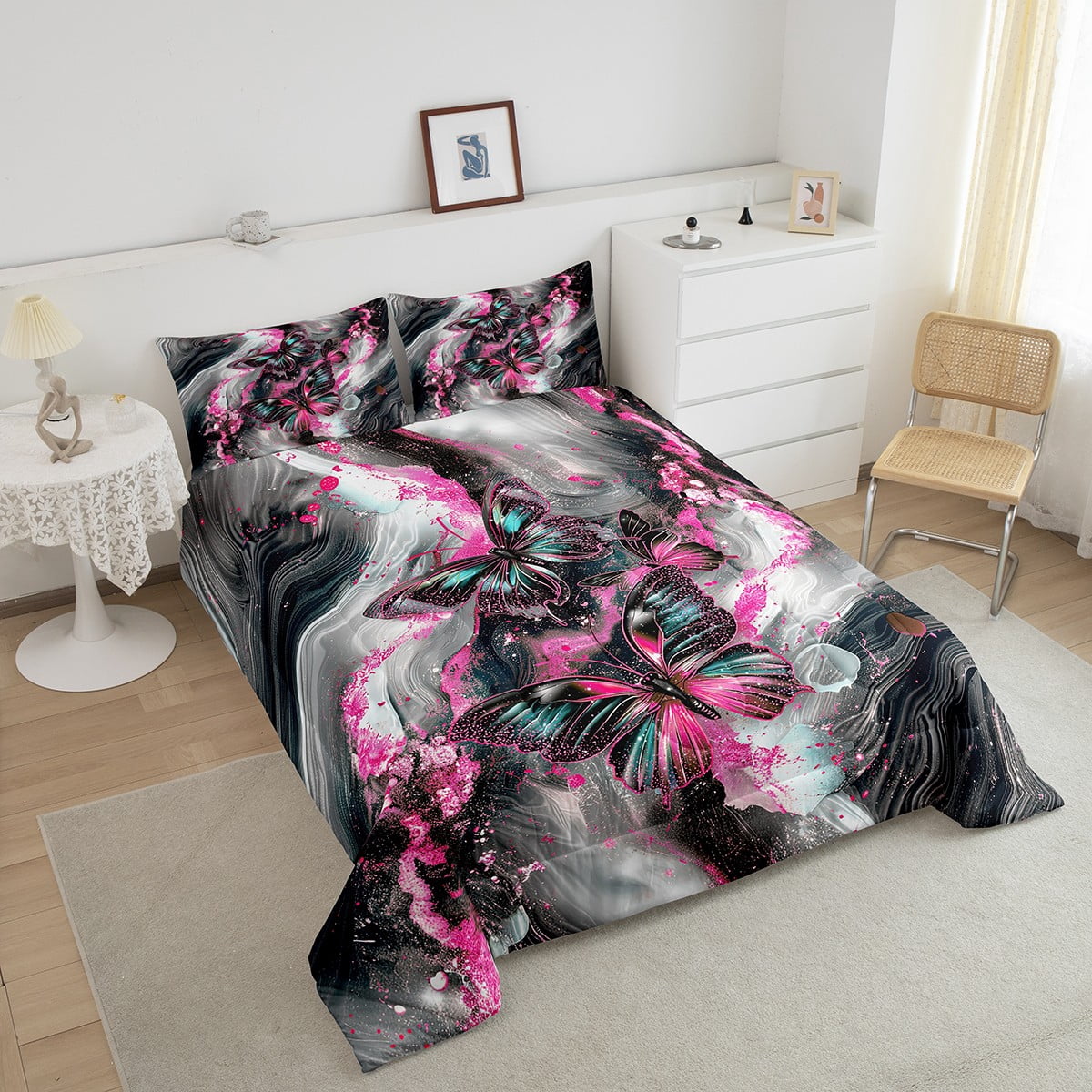 Black Marble Queen Comforter Set Teal Butterfly Bedding Set,Magenta Marbling Down Comforter Abstract Ombre Ink Fluid Art Duvet Set Aesthetic