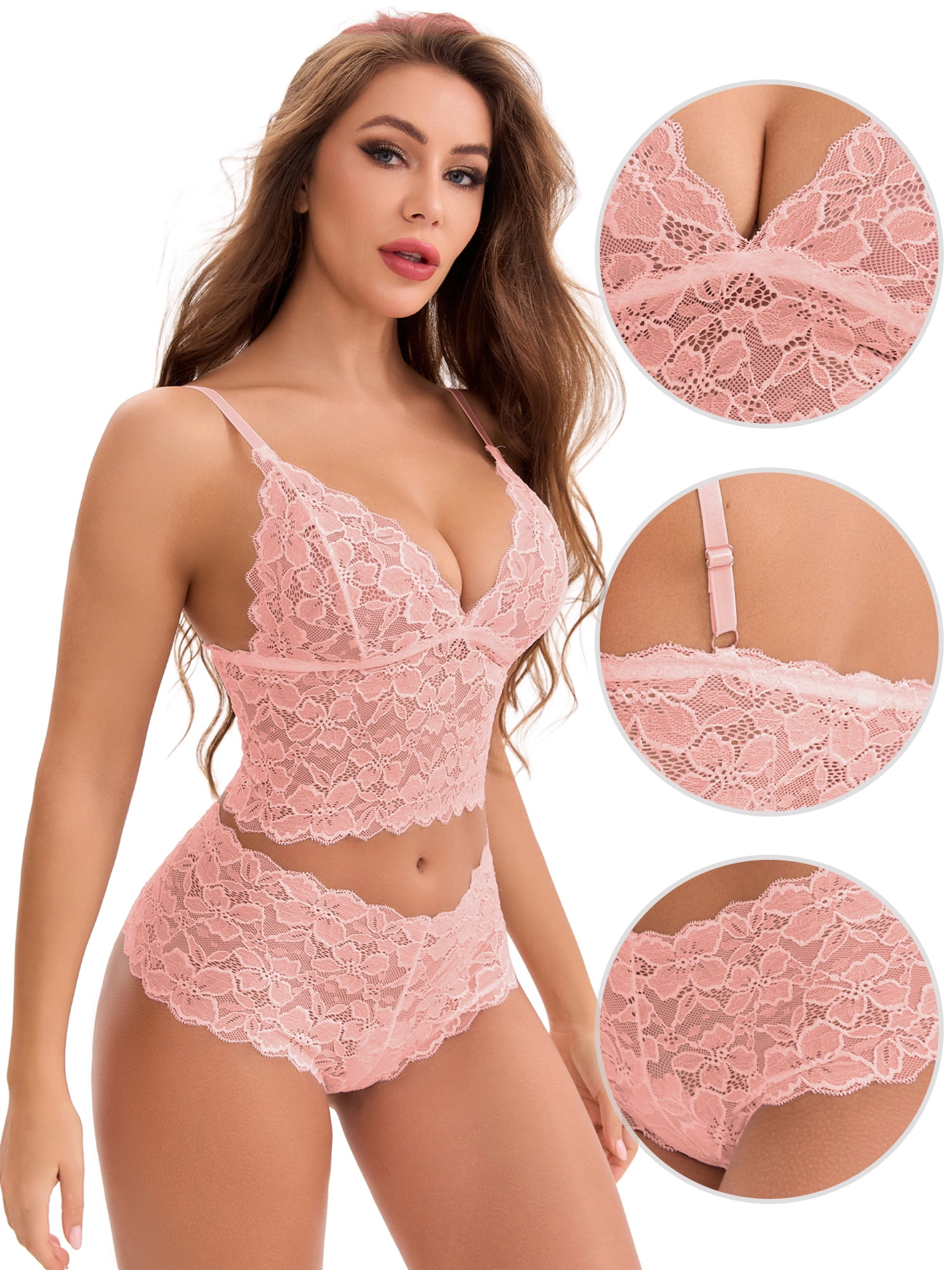 DARING DIVA Women's Deep V Push-Up Bra and Boyshorts Lace Lingerie Set S Pink
