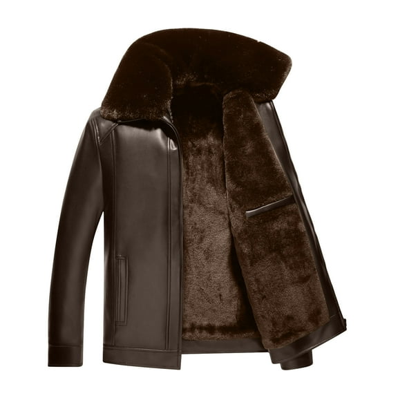 Kaemgyyd Men's Leather Jacket Fleece Lined Windproof Winter Warm Coat Lightweight Long Sleeve Collar PU Outwear with Pockets