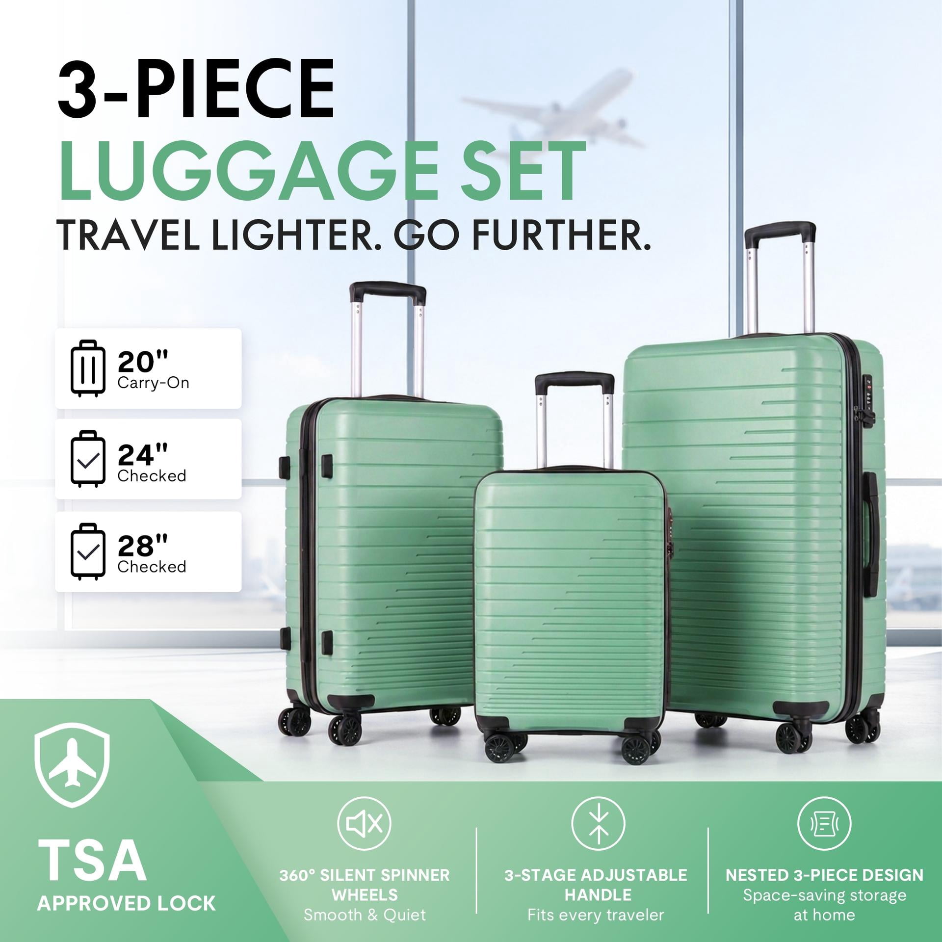 3-Piece PP Hardshell Luggage Set, Lightweight Scratch-Resistant Suitcases with TSA Lock, 4 Silent Spinner Wheels, 20"/24"/28", Green