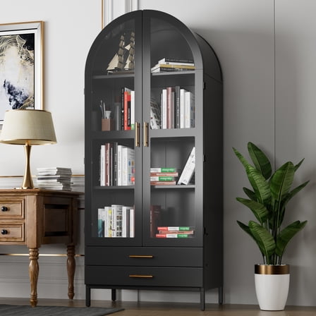 AOBABO Metal Arched Storage Cabinets, Arched Display Cabinet with Glass Doors,2 Drawers and 2 Adjustable Shelves for Home,Black