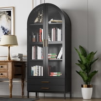 AOBABO Metal Arched Storage Cabinets, Arched Display Cabinet with Glass Doors,2 Drawers and 2 Adjustable Shelves for Home,Black