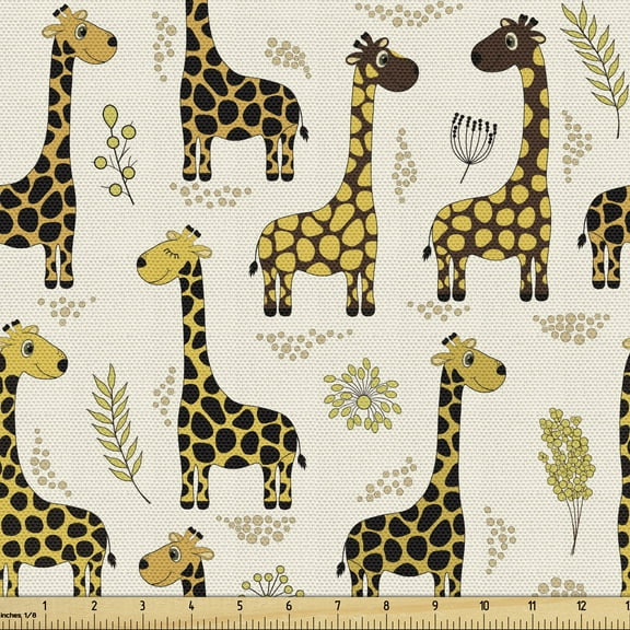 Ambesonne Giraffe Fabric by the Yard Upholstery, Cheery Animals, 2 Yards, Multicolor