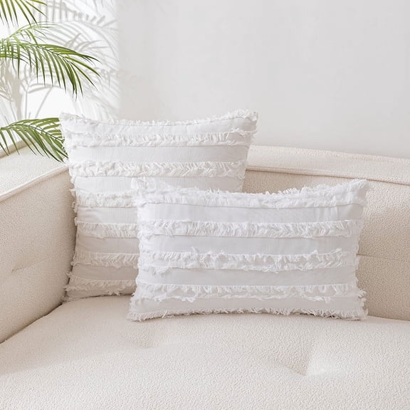 Xiao Hua Set of 2 Throw Pillow Covers Linen Striped Cushion Covers 12x20 Inch White
