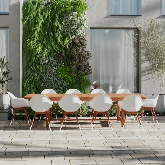 Amazonia Extendable 100% FSC Solid Wood Dining Set with 10 Chamonix Chairs, White, Ideal for Patio