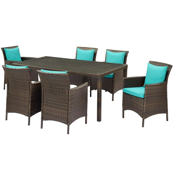 Side Dining Chair and Table Set, Rattan, Wicker, Brown Blue, Modern Contemporary Urban Design, Outdoor Patio Balcony Cafe Bistro Garden Furniture Hotel Hospitality