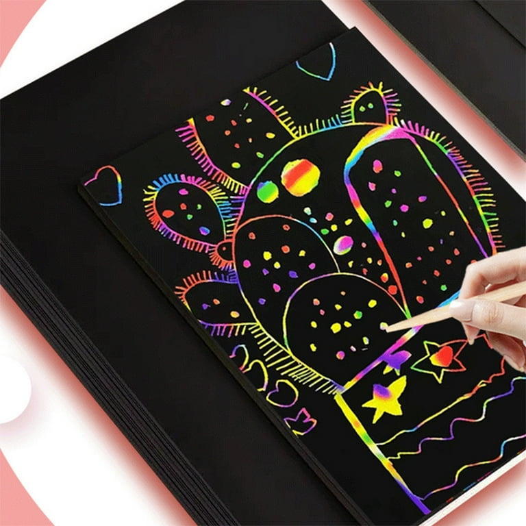 Scratch Paper Art Set 50 Pcs Scratch Paper For Kids Black Scratch Off Art Crafts Kits Notes With 5 Wooden Stylus For Girls Boys Toy