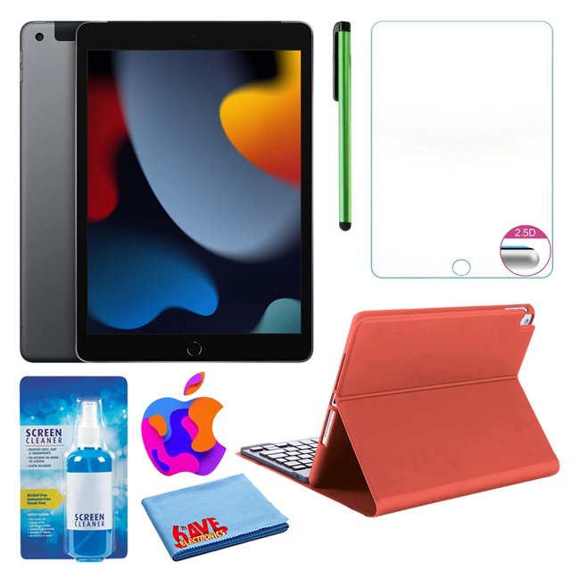 Paquete de iPad Apple de 10,2" usado (2021, 64 GB, Wi-Fi + celular, gris espacial) (MK663LL/A) con funda con teclado rojo y protector de pantalla